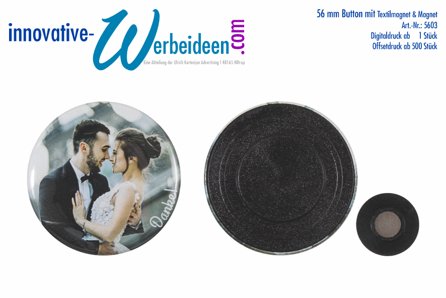 56 mm Button mit Magnet & Textilienmagnet - Der beliebteste Button | Offsetdruck