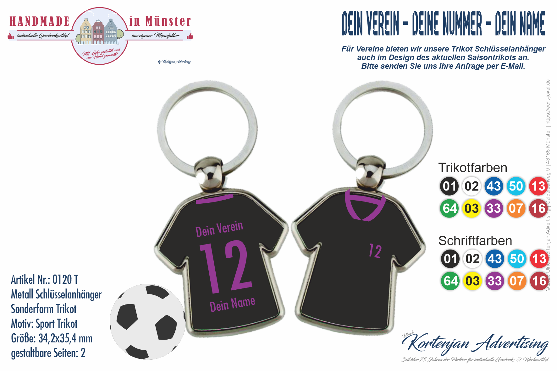 Buttonmeisterei.de | Kortenjan Advertising Individueller Schlüsselanhänger in Form eines Sporttrikots, perfekt für Teams und persönliche Geschenke. Bestellen Sie noch heute! (c) Ulrich Kortenjan Werbung D-48165 Münster/westfalen