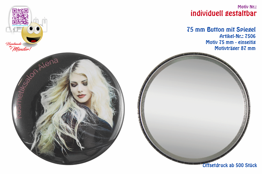 75 mm Button mit Make up Spiegel - Der größte Button | Offsetdruck