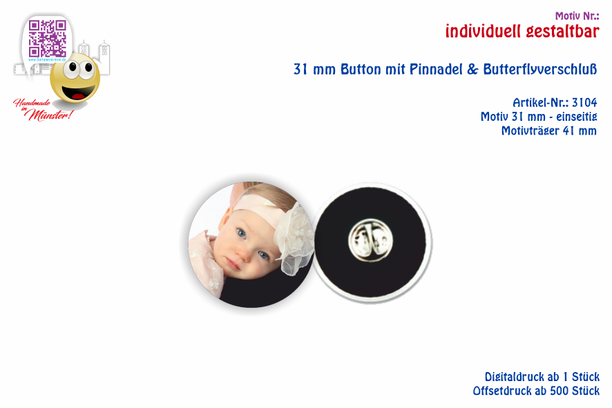 31 mm Button mit Pin & Butterflyverschluß - Der Junior Button | individuell gestaltbar 