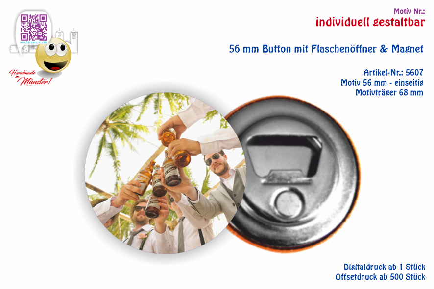 56 mm Button mit Flaschenöffner & Magnet - Der beliebteste Button | individuell gestaltbar 